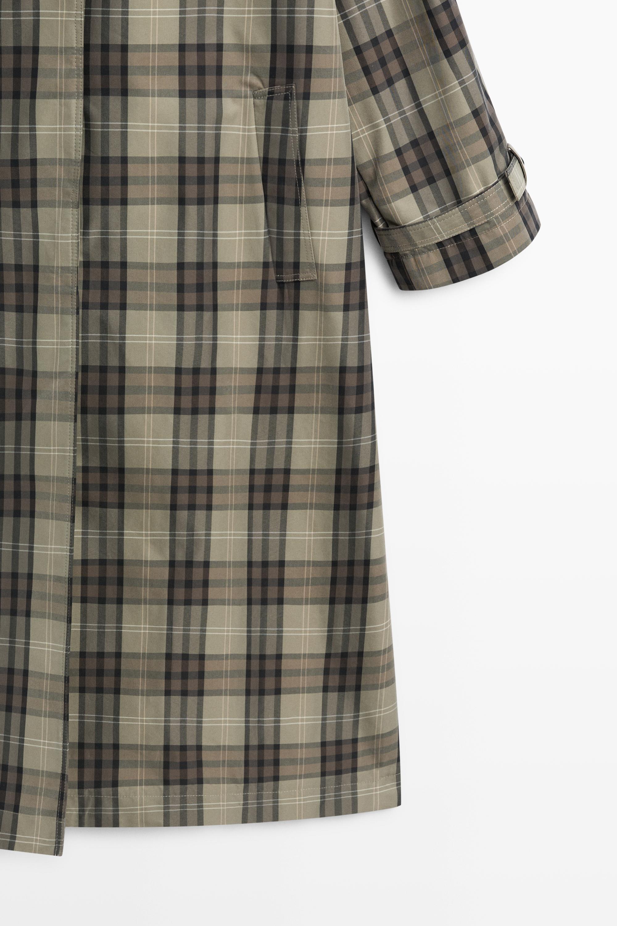 Long cotton blend plaid trench coat